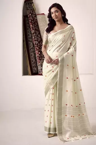 off white linen woven border saree