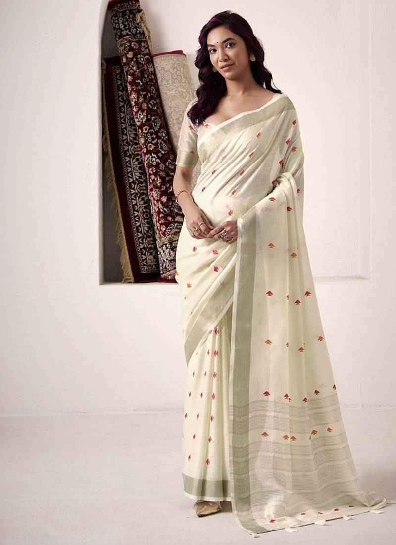 off white linen woven border saree