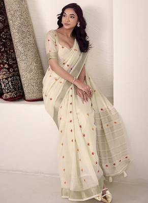 off white linen woven border saree 2