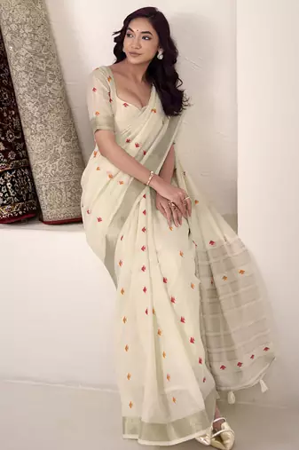 off white linen woven border saree