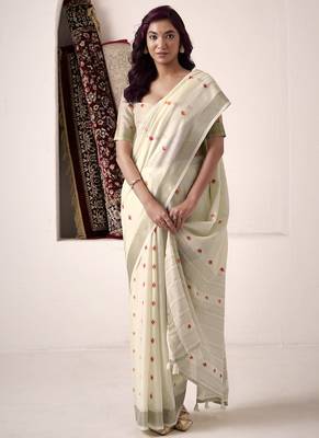 off white linen woven border saree 3