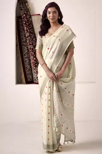 off white linen woven border saree