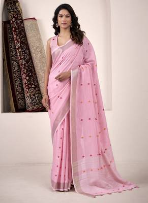 baby pink linen woven border saree 1