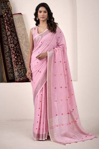 baby pink linen woven border saree