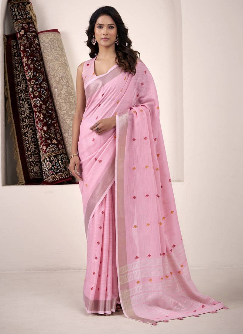 baby pink linen woven border saree