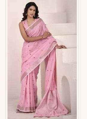 baby pink linen woven border saree 2