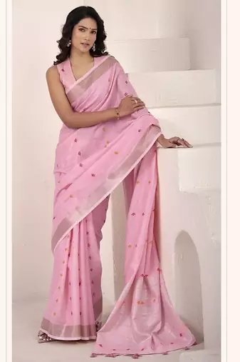 baby pink linen woven border saree