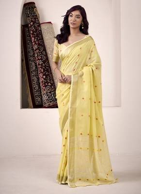 yellow linen woven border saree 1