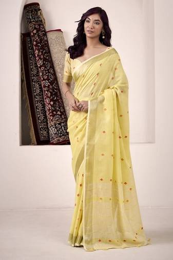 yellow linen woven border saree