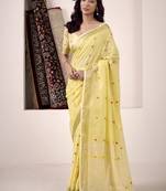 yellow linen woven border saree