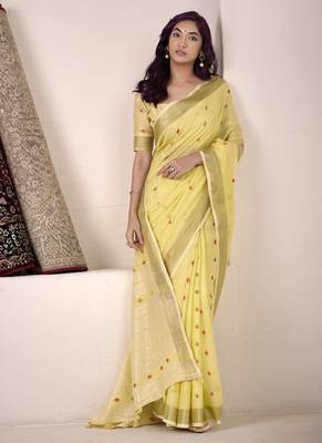 yellow linen woven border saree 2