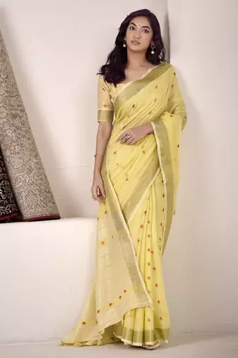 yellow linen woven border saree