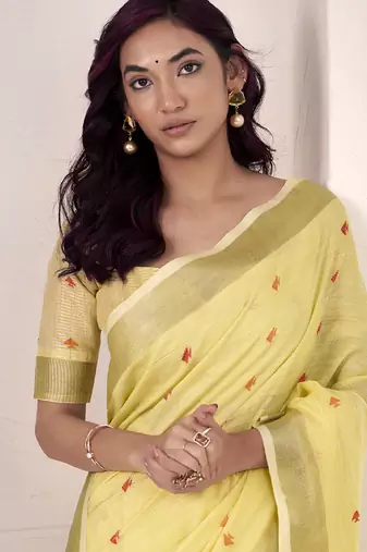 yellow linen woven border saree