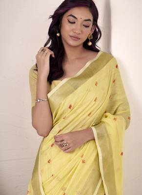 yellow linen woven border saree 4