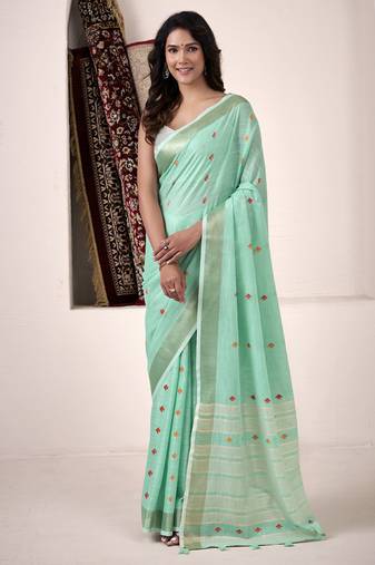 turquoise linen woven border saree