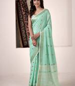turquoise linen woven border saree