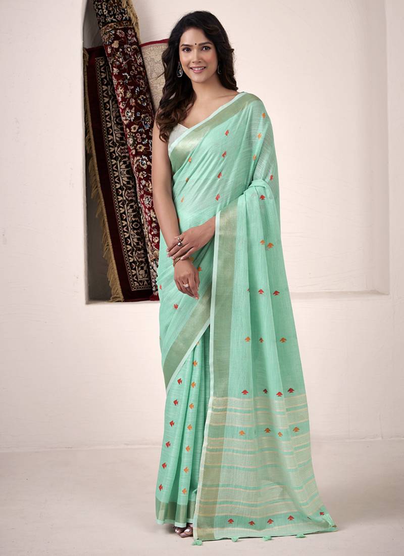 turquoise linen woven border saree