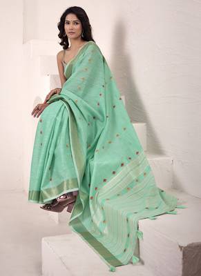 turquoise linen woven border saree 2