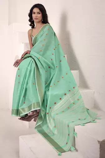turquoise linen woven border saree