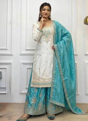 White Color  Embroidery And Sequence Work Silk Blend Salwar Suit 1