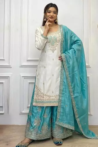 White Color  Embroidery And Sequence Work Silk Blend Salwar Suit