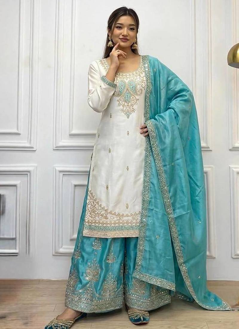 White Color  Embroidery And Sequence Work Silk Blend Salwar Suit