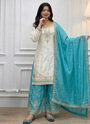White Color  Embroidery And Sequence Work Silk Blend Salwar Suit 2