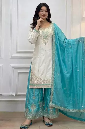 White Color  Embroidery And Sequence Work Silk Blend Salwar Suit