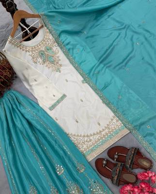 White Color  Embroidery And Sequence Work Silk Blend Salwar Suit 5