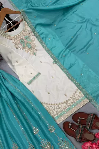 White Color  Embroidery And Sequence Work Silk Blend Salwar Suit