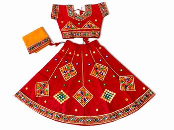 Red kutch work embroidered cotton mirrorwork chaniya choli set with dupatta 1