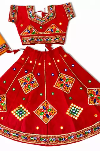 Red kutch work embroidered cotton mirrorwork chaniya choli set with dupatta