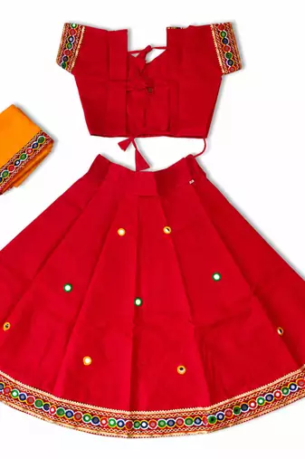 Red kutch work embroidered cotton mirrorwork chaniya choli set with dupatta