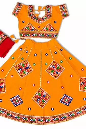 Yellow kutch work embroidered cotton mirrorwork chaniya choli set with dupatta