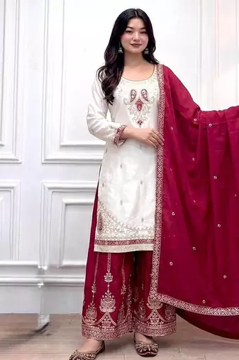 Rani Pink Color  Embroidery And Sequence Work Silk Blend Salwar Suit