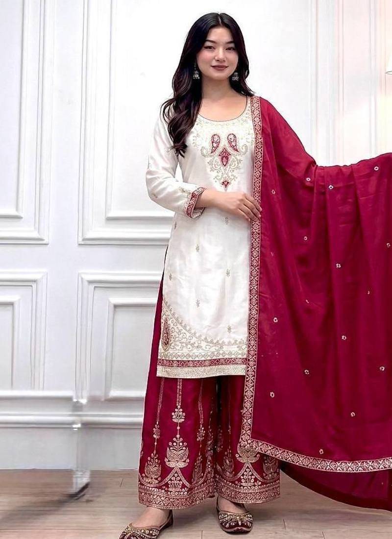 Rani Pink Color  Embroidery And Sequence Work Silk Blend Salwar Suit