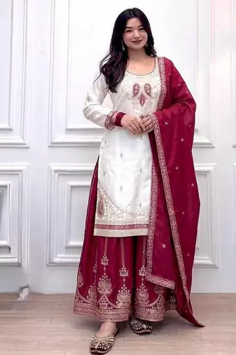 Rani Pink Color  Embroidery And Sequence Work Silk Blend Salwar Suit