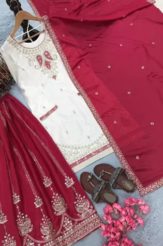 Rani Pink Color  Embroidery And Sequence Work Silk Blend Salwar Suit
