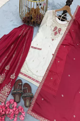 Rani Pink Color  Embroidery And Sequence Work Silk Blend Salwar Suit
