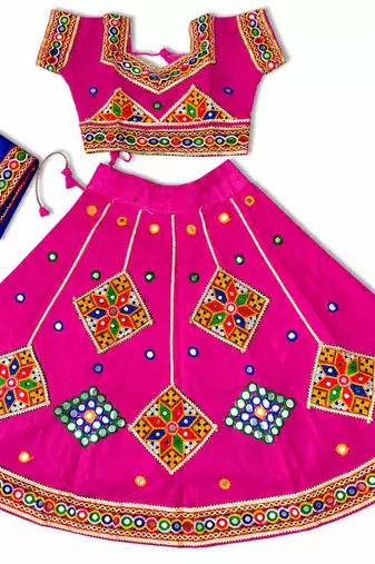 Pink kutch work embroidered cotton mirrorwork chaniya choli set with dupatta