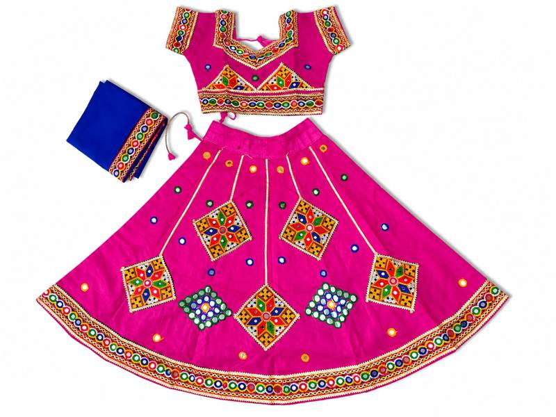 Pink kutch work embroidered cotton mirrorwork chaniya choli set with dupatta