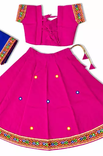 Pink kutch work embroidered cotton mirrorwork chaniya choli set with dupatta