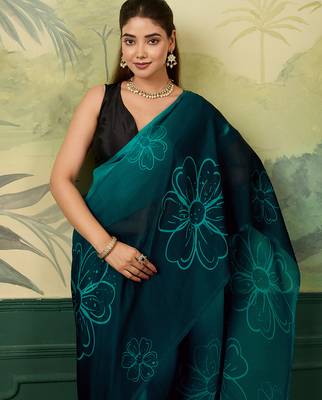 teal color smart and ethnic silk blend fabric digital printed girlie fancy saree 3