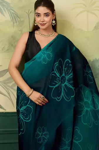 teal color smart and ethnic silk blend fabric digital printed girlie fancy saree