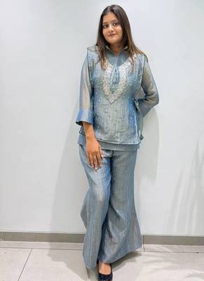 grey color embroidered and beads wrok silk blend salwar suit 1