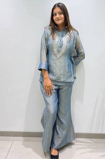 grey color embroidered and beads wrok silk blend salwar suit