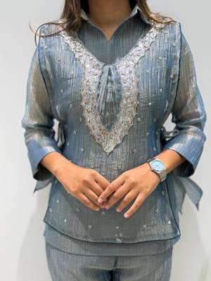 grey color embroidered and beads wrok silk blend salwar suit 2