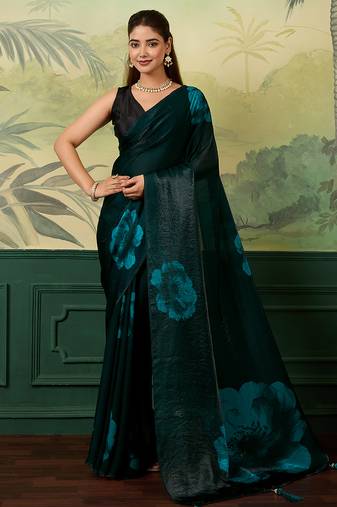green color smart and ethnic silk blend fabric digital printed girlie fancy saree