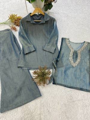 grey color embroidered and beads wrok silk blend salwar suit 3