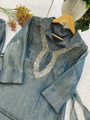 grey color embroidered and beads wrok silk blend salwar suit 4